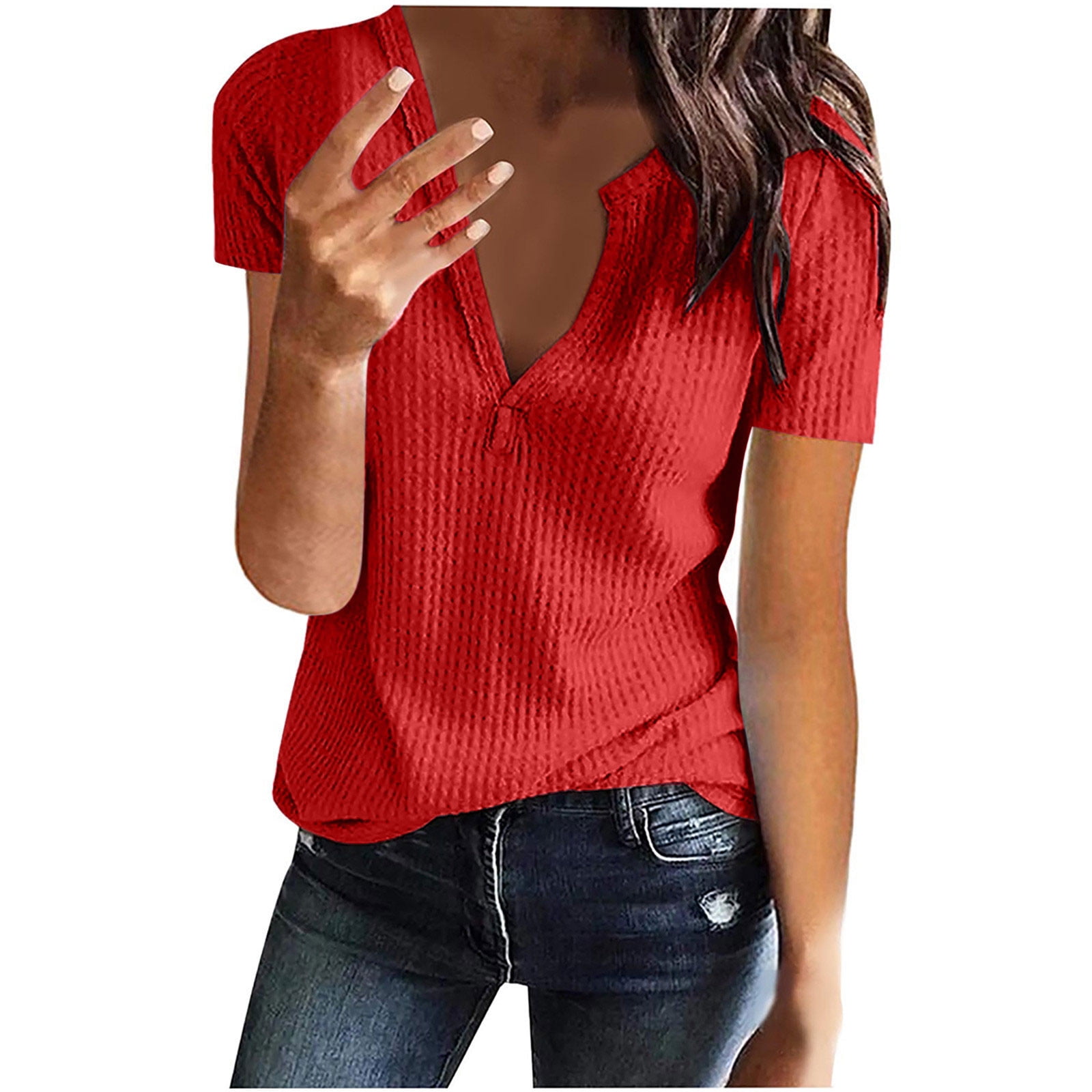 Olyvenn Summer Womens Tunic T-Shirts Ribbed Tops Comfy Solid Tees
