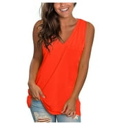 Olyvenn Summer Womens Tunic Tank Tops Shirts Trendy 2023 Sleeveless Shirts Casual Solid Tees Sexy V-Neck Bodysuit Beach Relaxed Loose Fit Flowy Dressy Camis Stretch Workout Orange 10