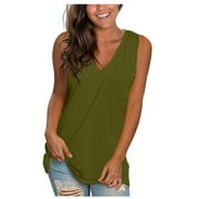 Olyvenn Summer Womens Tunic Tank Tops Shirts Trendy 2023 Sleeveless Shirts Casual Solid Tees Sexy V-Neck Bodysuit Beach Relaxed Loose Fit Flowy Dressy Camis Stretch Workout Army Green 10
