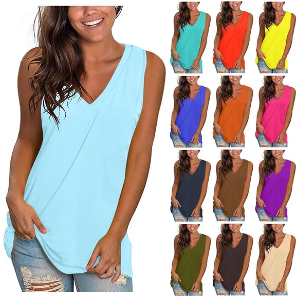 Olyvenn Summer Womens Tunic Tank Tops Shirts Trendy 2023 Sleeveless Shirts Casual Solid Tees Trendy V-Neck Bodysuit Beach Relaxed Loose Fit Flowy Dressy Camis Stretch Workout Gold 10