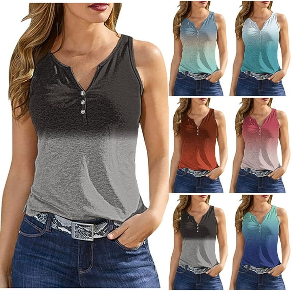 Olyvenn Summer Womens Tunic Tight Tank Tops Buttons Slit V-Neck Bodysuit Flowy Skinny Tight Slim Fit Casual Camis Stretch Workout Trendy Fitness Sleeveless Shirts Gradient Color Tees Pink 6