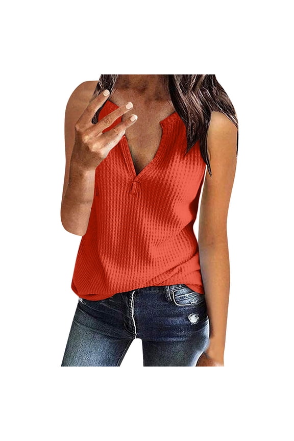 Summer Womens Tunic Tops Ribbed T Shirts Beach Loose Casual Knit Comfy Flowy Camis Stretch Workout Trendy 2023 Sleeveless Shirts Relaxed Solid Tees Slit V Neck Bodysuit Red 4