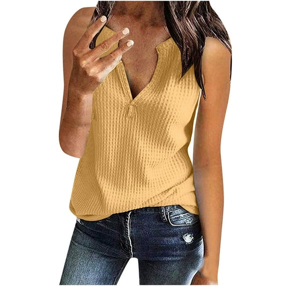 Olyvenn Summer Womens Tunic Tops Ribbed T Shirts Beach Loose Casual Knit Comfy Flowy Camis Stretch Workout Trendy 2023 Sleeveless Shirts Relaxed Solid Tees Slit V Neck Bodysuit Yellow 4