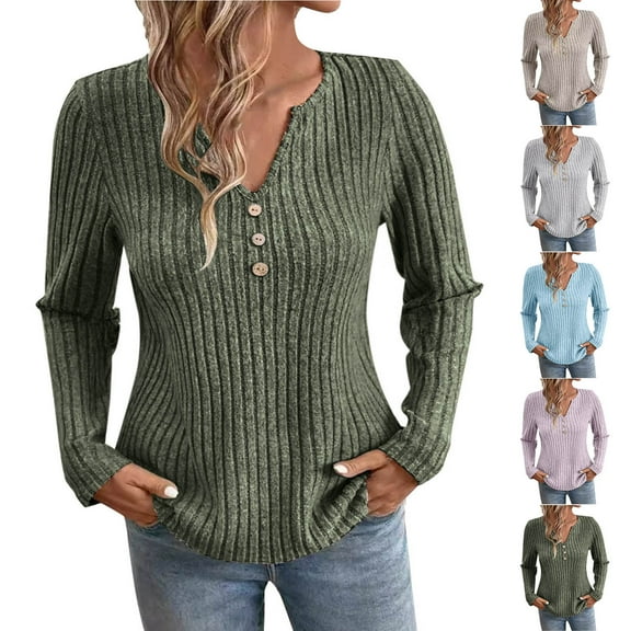 Olyvenn Sweater for Women Long Sleeve Henley Shirts Tunic Tops to Wear with Leggings crew neck Sweaters Trendy 2025 Army Green 8-10