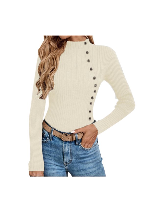 Sweater for Women Solid Casual Turtleneck Button Pullover Knitted Base Pullover Slim Fit Versatile Ribbed Stretch Tops Beige XL