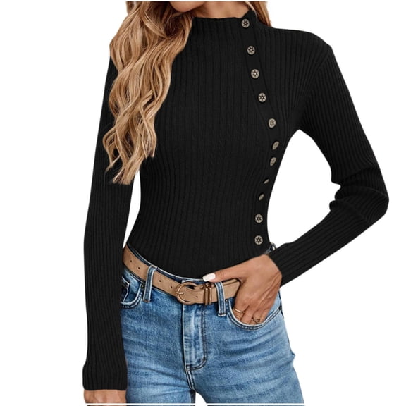 Olyvenn Sweater for Women Solid Casual Turtleneck Button Pullover Knitted Base Pullover Slim Fit Versatile Ribbed Stretch Tops Black XL