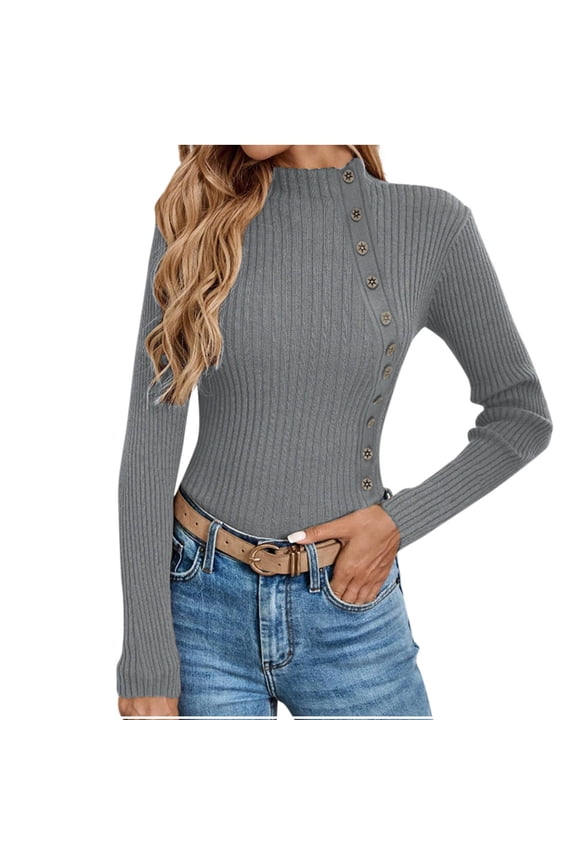 Sweater for Women Solid Casual Turtleneck Button Pullover Knitted Base Pullover Slim Fit Versatile Ribbed Stretch Tops Gray L