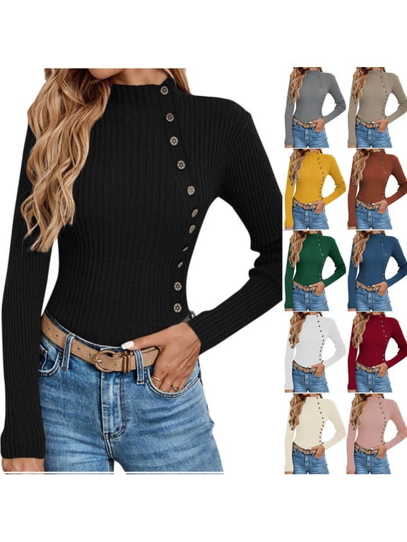 Sweater for Women Solid Casual Turtleneck Button Pullover Knitted Base Pullover Slim Fit Versatile Ribbed Stretch Tops Green S