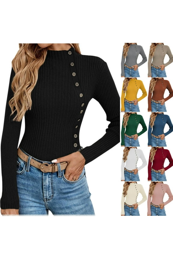 Sweater for Women Solid Casual Turtleneck Button Pullover Knitted Base Pullover Slim Fit Versatile Ribbed Stretch Tops Green S