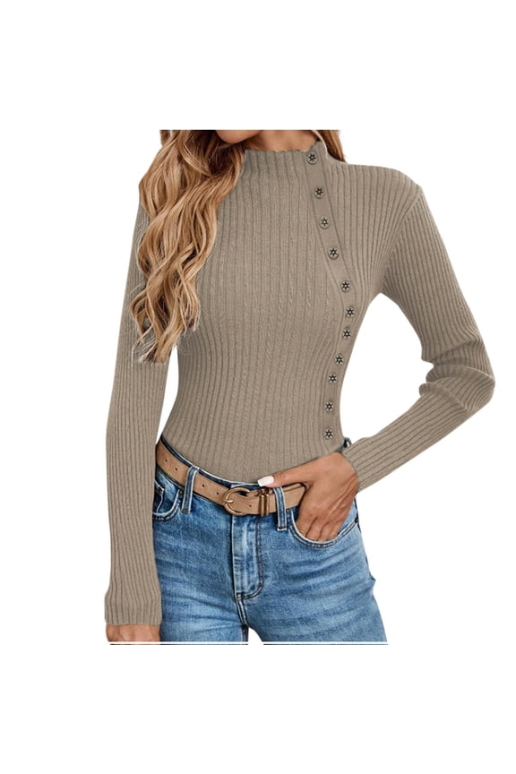 Sweater for Women Solid Casual Turtleneck Button Pullover Knitted Base Pullover Slim Fit Versatile Ribbed Stretch Tops Khaki L