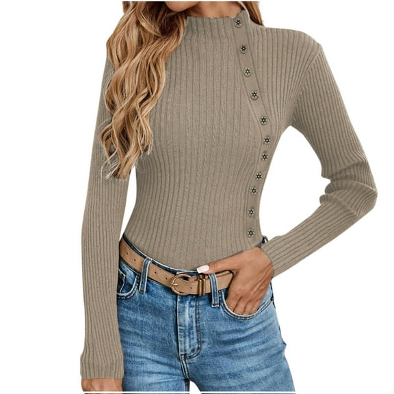 Olyvenn Sweater for Women Solid Casual Turtleneck Button Pullover Knitted Base Pullover Slim Fit Versatile Ribbed Stretch Tops Khaki M