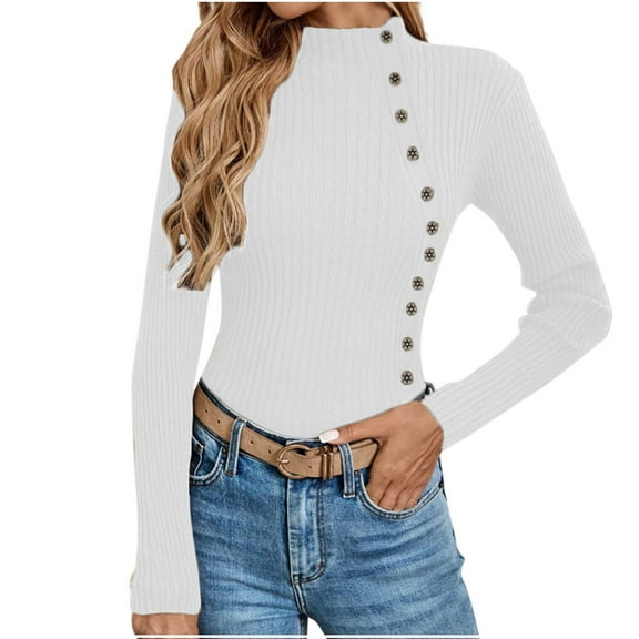 Olyvenn Sweater for Women Solid Casual Turtleneck Button Pullover Knitted Base Pullover Slim Fit Versatile Ribbed Stretch Tops White L