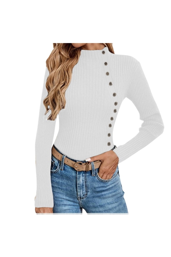 Sweater for Women Solid Casual Turtleneck Button Pullover Knitted Base Pullover Slim Fit Versatile Ribbed Stretch Tops White M