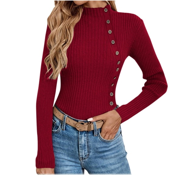 Olyvenn Sweater for Women Solid Casual Turtleneck Button Pullover Knitted Base Pullover Slim Fit Versatile Ribbed Stretch Tops Wine L