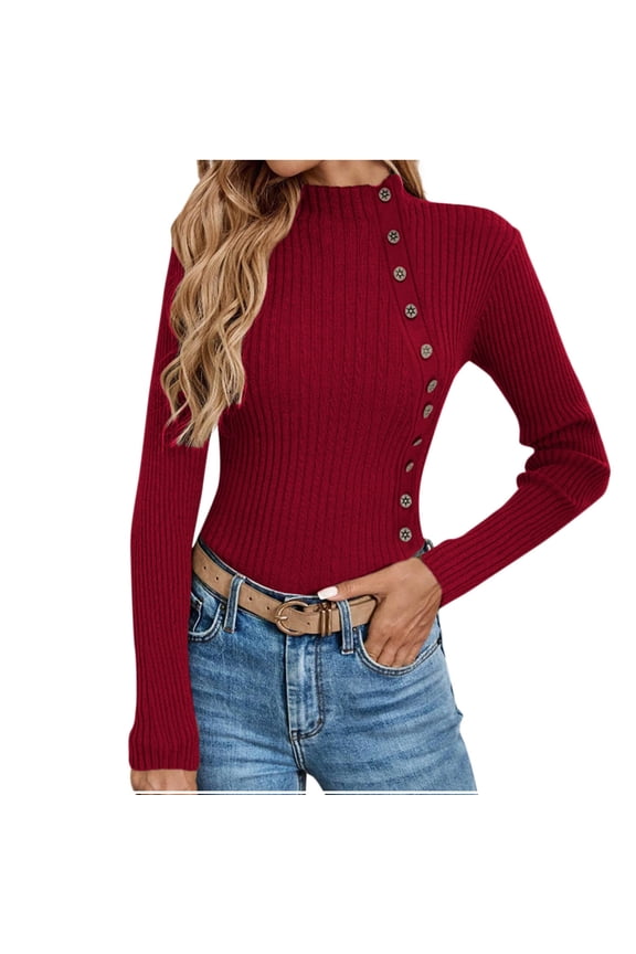 Sweater for Women Solid Casual Turtleneck Button Pullover Knitted Base Pullover Slim Fit Versatile Ribbed Stretch Tops Wine XL