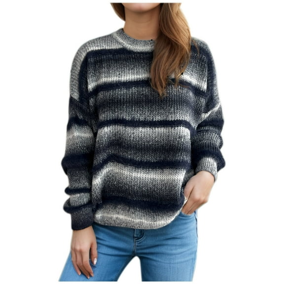 Olyvenn Sweaters for Women Casual Long Sleeve Crewneck Sweater Classic Tie-Dye Striped Plush Knit Loose Pullover Jumpers Tops Navy L