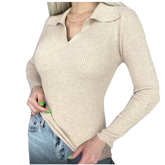 Olyvenn Sweaters for Women Fall Long Sleeve V Neck Ribbed Knit Pullover Tops Casual Slim Fit Basic Tee Shirts Beige L