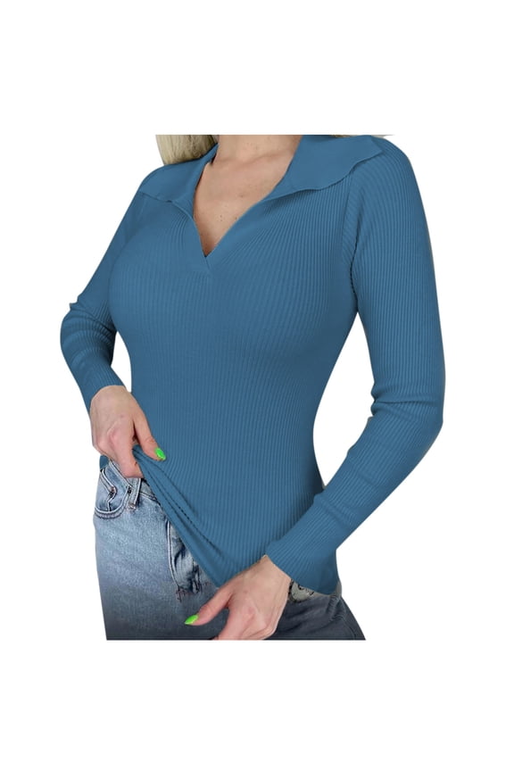Sweaters for Women Fall Long Sleeve V Neck Ribbed Knit Pullover Tops Casual Slim Fit Basic Tee Shirts Blue XL