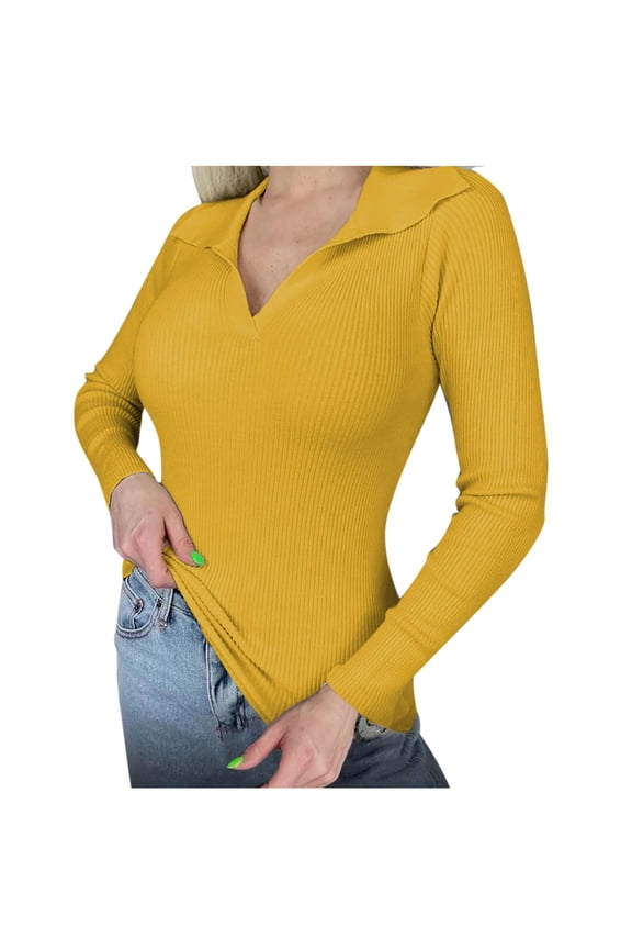 Sweaters for Women Fall Long Sleeve V Neck Ribbed Knit Pullover Tops Casual Slim Fit Basic Tee Shirts Yellow L