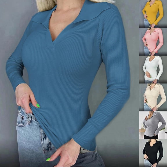 Olyvenn Sweaters for Women Fall Long Sleeve V Neck Ribbed Knit Pullover Tops Casual Slim Fit Basic Tee Shirts Yellow S