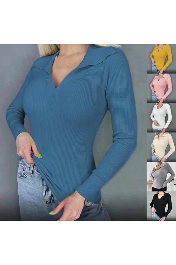 Sweaters for Women Fall Long Sleeve V Neck Ribbed Knit Pullover Tops Casual Slim Fit Basic Tee Shirts Yellow S