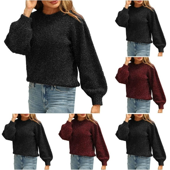 Olyvenn Sweaters for Women Trendy Shiny Sequins Crewneck Long Sleeve Knit Pullover Winter Chunky Knitwear Warm Cozy Jumper Black M