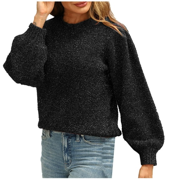 Olyvenn Sweaters for Women Trendy Shiny Sequins Crewneck Long Sleeve Knit Pullover Winter Chunky Knitwear Warm Cozy Jumper Black XS