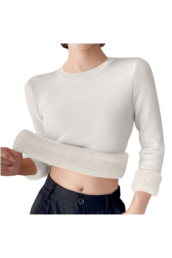 Sweaters for Women Winter Warm Crewneck Knit Tops Cozy Fleece Sherpa Lined Thermal Jumper Slim Fit Pullover Shirts Beige Free Size