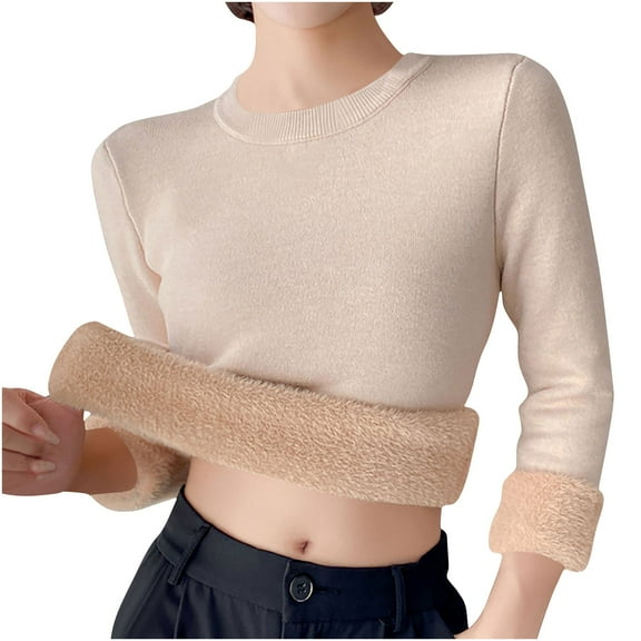 Olyvenn Sweaters for Women Winter Warm Crewneck Knit Tops Cozy Fleece Sherpa Lined Thermal Jumper Slim Fit Pullover Shirts Khaki Free Size
