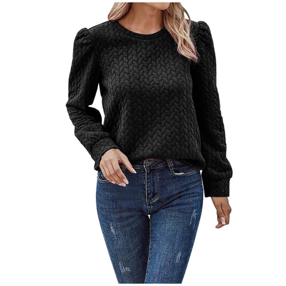 Olyvenn Sweatshirt for Women Casual Crew Neck Oversized Long Sleeve Preppy Sweatshirts Fall Pullover Sweaters Textured Tops Black S
