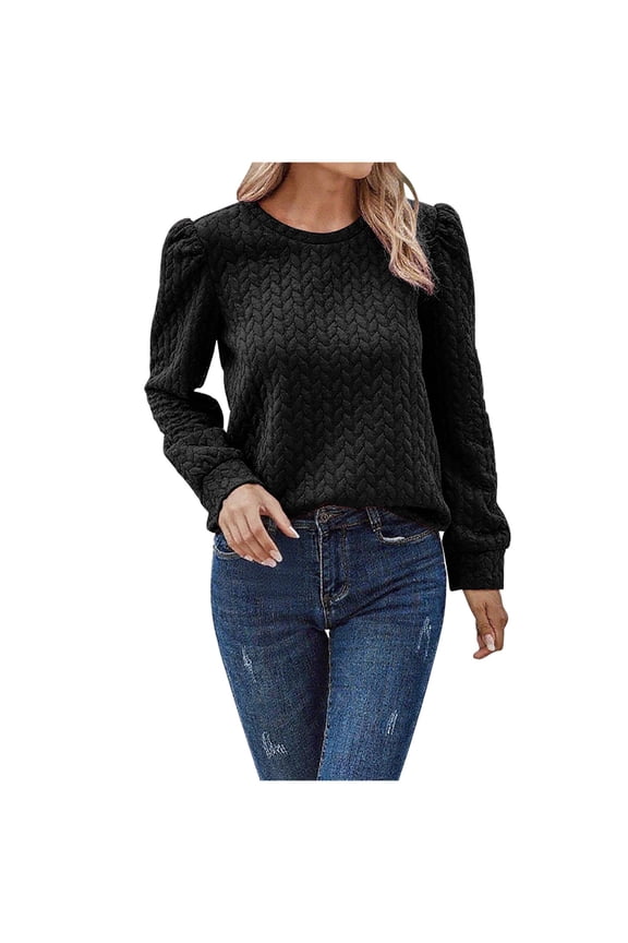 Sweatshirt for Women Casual Crew Neck Oversized Long Sleeve Preppy Sweatshirts Fall Pullover Sweaters Textured Tops Black S