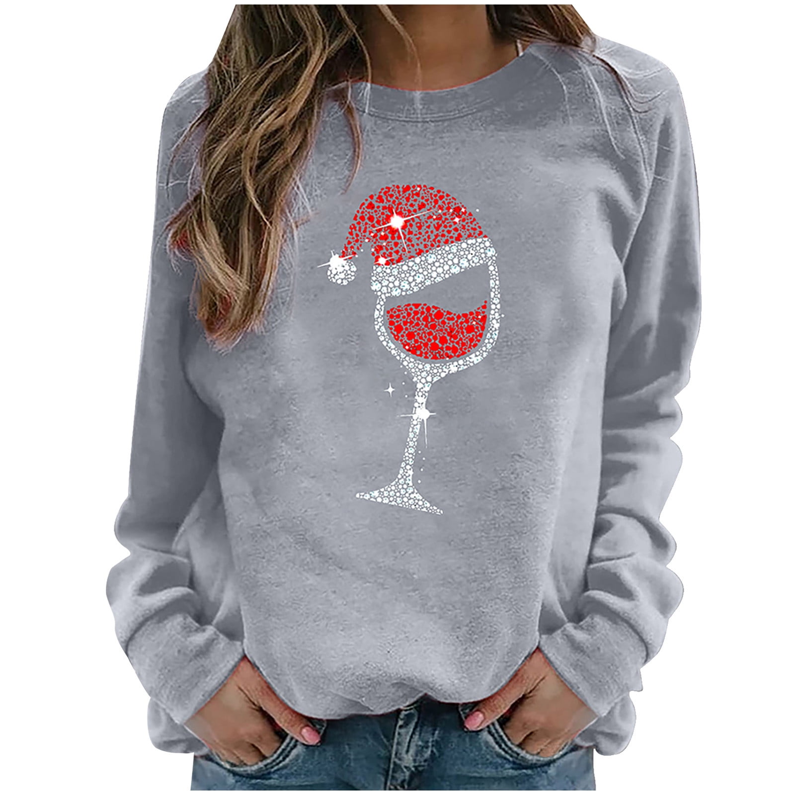 Olyvenn Sweatshirts Casual Christmas Wine Glass Print Long Sleeve ...