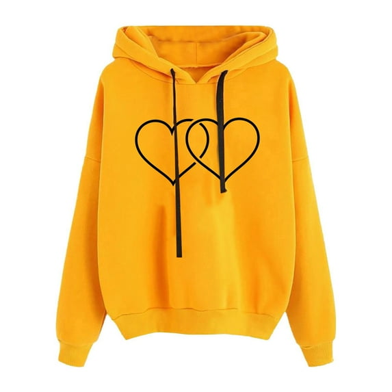 Olyvenn Sweatshirts for Women Tops Womens Plus Loose Casual Drawstring Hoodie Two Love Hearts Print Loose Casual Fashion Long Sleeve Female Outerwear Yellow L
