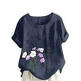 thumbnail image 1 of Olyvenn T Shirts for Women Graphic Cotton Linen Flower Print Tops Shirt Crewneck Tunic Multi Color Plus Size Tees with Button Navy XXXL, 1 of 4