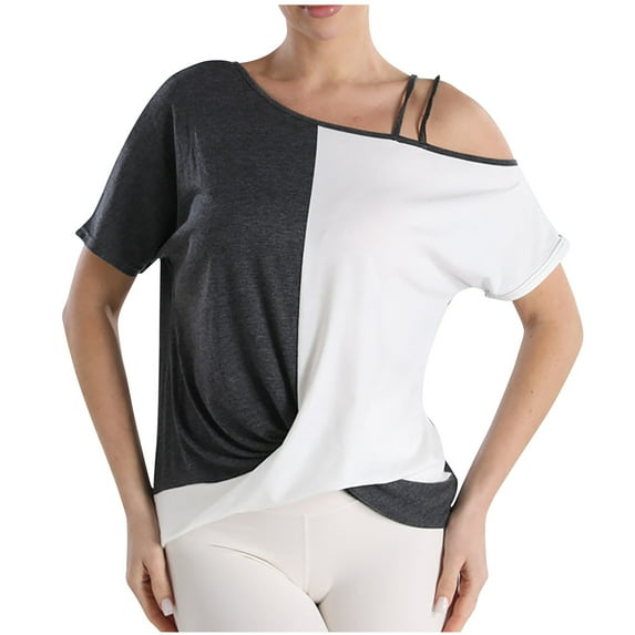 Olyvenn T Shirts for Women Twist Knot Color Block Loose Fit Cold Shoulder Tops for Women Fashion 2025 Loose Wrap Cute Going Out Tunic Shirts Gray 10