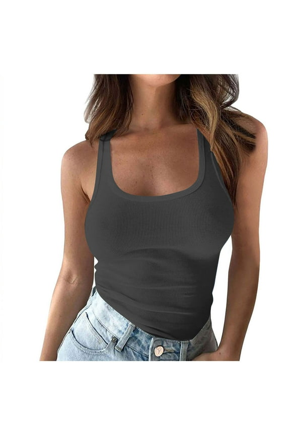 Tank Top for Women 2025 Summer Scoop Neck Ribbed Sleeveless Top Casual Basic Slim Knit Workout Cami Tee Shirts Dark Gray XXL