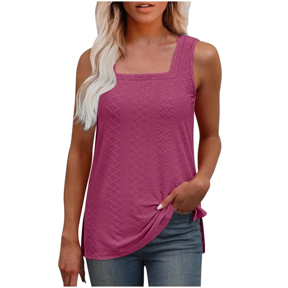 Olyvenn Tank Top for Women Loose Fit Eyelet Summer Tops Flowy Sleeveless Blouses Pleated Square Neck Curved Hem Fashion Hot Pink S
