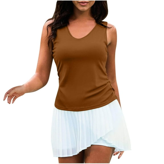 Olyvenn Tank Top with Built in Bra for Women Casual Summer Sleeveless Tops Slim Fitted V Neck Ruched Cami Shirts Brown S