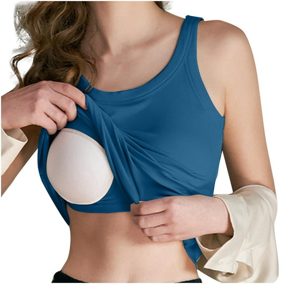Olyvenn Tank Top with Built in Bra for Women Sports Cute Cami Shirts 2025 Spring Summer Workout Camisoles Sleeveless Under Clothes Blue XXL