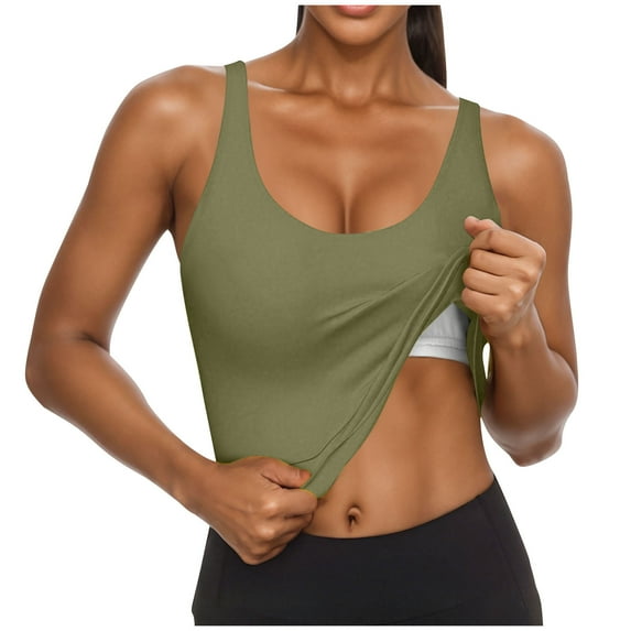 Olyvenn Tank Top with Built in Bra for Women Summer Sleeveless Workout Camisoles Spaghetti Strap Tank Tops Basic Undershirt Army Green L