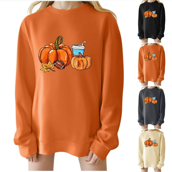 Olyvenn Thanksgiving Sweatshirt Women Pumpkin Coffee Graphic Sweatshirts Cute Halloween Shirts Fall Crewneck Sweatshirt Black XL