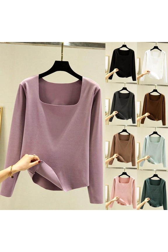 Thermal Underwear for Men Women Women Fall/Winter Solid Color Body Fit Square Neck Long Sleeve Thermal Top Brown M