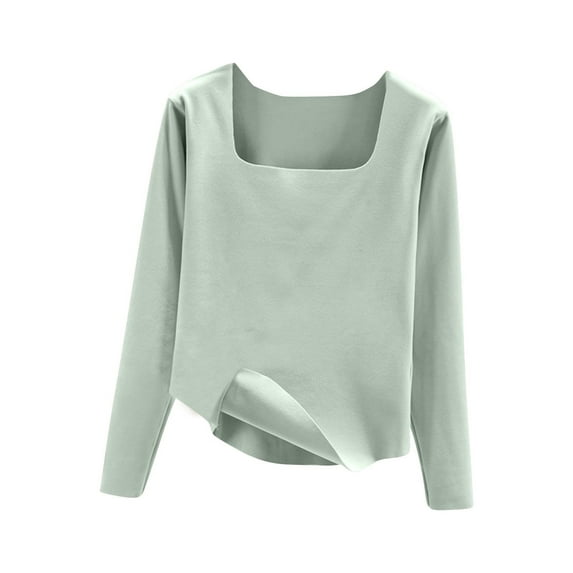 Olyvenn Thermal Underwear for Men Women Women Fall/Winter Solid Color Body Fit Square Neck Long Sleeve Thermal Top Green L