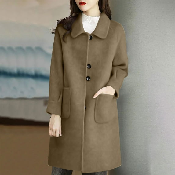 Olyvenn Thicken Warm Wool Coat Women Fashion Casual Turn Down Collar Slim Wool Coat Vintage Thicken Warm Long Jackets Khaki M