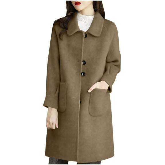 Olyvenn Thicken Warm Wool Coat Women Fashion Casual Turn Down Collar Slim Wool Coat Vintage Thicken Warm Long Jackets Khaki XL