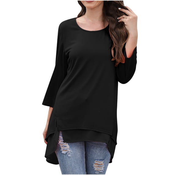 Olyvenn Tops Shirts for Women Ladies Blouse Women's Fashion Loose Casual Crew Neck Long Sleeve Comfortable Solid Color Female Leisure Black XL