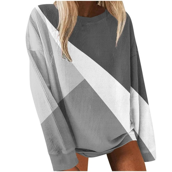 Olyvenn Tops for Women 2025 Fashion Color Block Long Sleeve T Shirts Casual Crew Neck Sweatshirt Spring Dressy Knit Top Gray 6