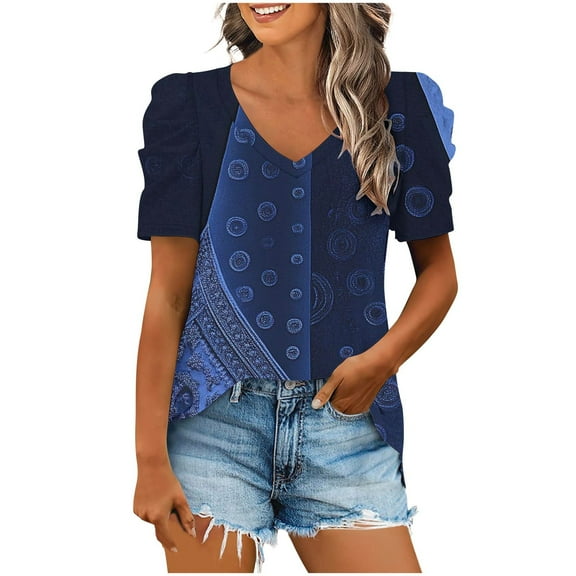 Olyvenn Tops for Women Trendy Puff Sleeves Pleated V Neck Tunic Blouses Cute Elegant Floral Gradient Graphic Tees Summer Shirts Navy XL