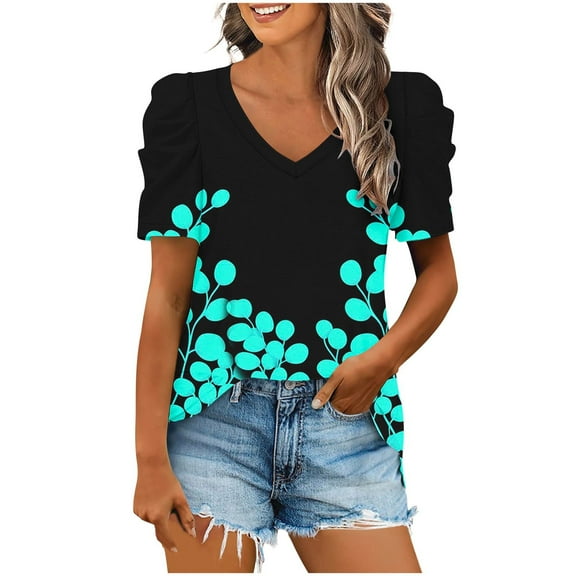Olyvenn Tops for Women Trendy Puff Sleeves Pleated V Neck Tunic Blouses Cute Fashion Floral Gradient Graphic Tees Summer Shirts Black XXXL