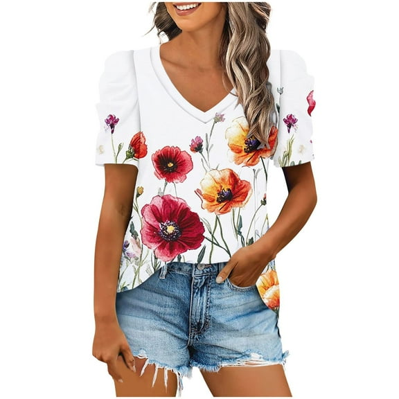 Olyvenn Tops for Women Trendy Puff Sleeves Pleated V Neck Tunic Blouses Cute Floral Gradient Graphic Tees Summer Shirts Red XL